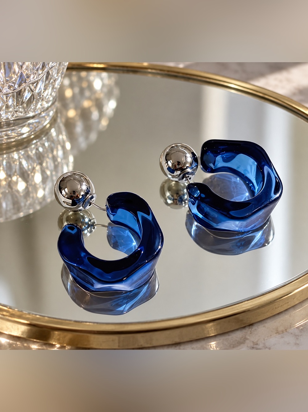 Blue Transparent Resin Hoop Earrings Silver Tone Detachable Statement NWT